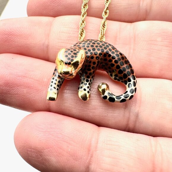 Womens Necklace 14K Gold Enamel Spotted Leopard Cougar Pendant Cheetah Cat - Picture 2 of 9